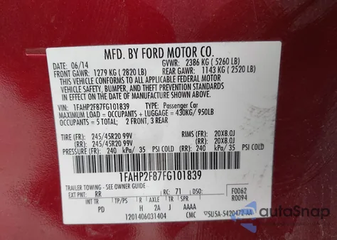 2015 Ford Taurus Limited из США, поврежденный, VIN 1FAHP2F87FG101839